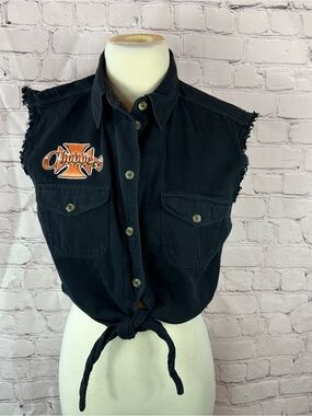 biker design Tie-Front Shirt women L choppers bikercore festival frayed hem logo